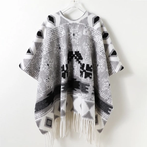 Poncho scialle invernale in cashmere con motivo geometrico a fiocco di neve e frange