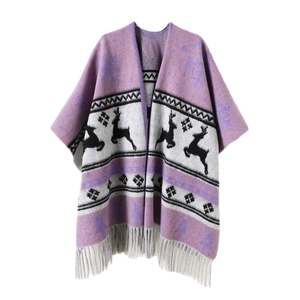 Knitted shawl cape with purple and grey color block, reindeer patterns and tassels