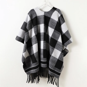 British style black and white plaid reversible shawl poncho with elegant fringe hem