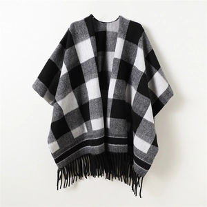 British style black and white buffalo plaid shawl cape with decorative fringe hem