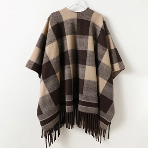 British style checkered tassel shawl in brown and beige thick cashmere-like knit fabric