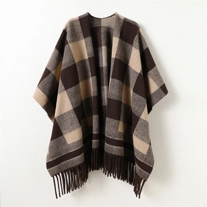 Plaid Tassel Shawl Cape Scarf Polyester Double Sided Open Front Warm Autumn Winter British Style Elegant Wraps
