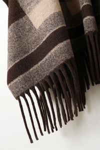 Detailed macro view of the thick knit fabric texture and elegant fringe on the plaid shawl