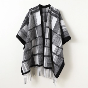 Vintage checkered shawl with tassels, black and grey plaid cashmere-like winter poncho