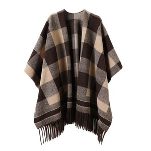 British style checkered reversible cashmere-like shawl with tassels in earthy tones
