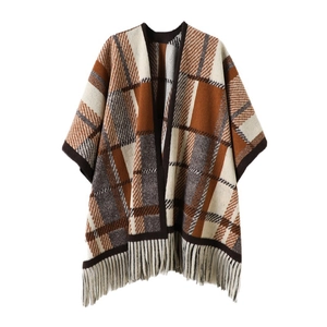 Retro plaid double-sided shawl with fringe trim in orange and beige cashmere-like knit