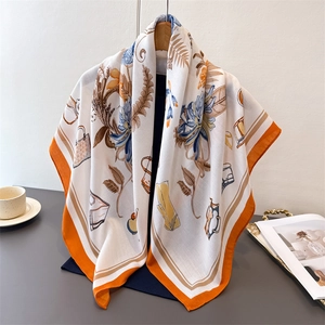 Fashion Floral Printed Square Scarf For Women Satin Satin Texture Herringbone Weave Shawl Retro Elegant Wrap