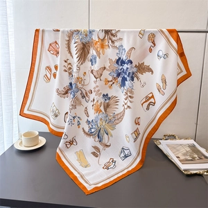 Elegant floral faux silk square scarf featuring orange borders and fashion lifestyle motifs