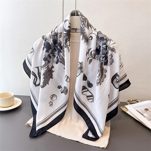 Floral printed silk-satin square scarf featuring vintage fashion elements and patterns