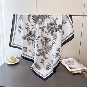 Elegant floral silk-like large square scarf with monochrome vintage fashion illustrations