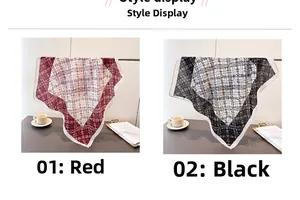 Style display of red and black square scarves with classic plaid pattern and white edges
