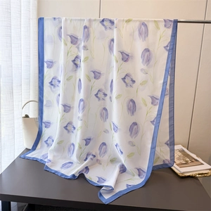 Elegant floral silk satin scarf with purple flowers and deep blue borders for women