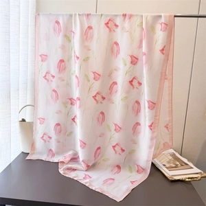 Elegant floral silk scarf with pink tulip watercolor print and soft pink border finish