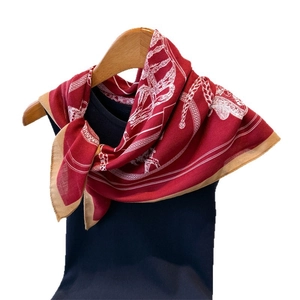 Equestrian pattern red silk scarf with chain print and contrast hem for women