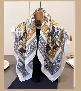 Detail of herringbone cotton-linen square scarf with vintage horse print and satin finish