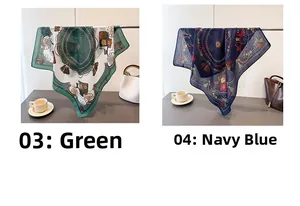 Detail of green and navy blue scarves with classic carriage and chain print patterns