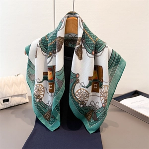 Classic British style silk scarf with vintage carriage print and herringbone pattern