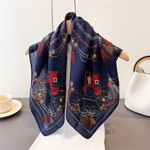 Classic dark blue herringbone linen feel scarf with red carriage and gold chain print