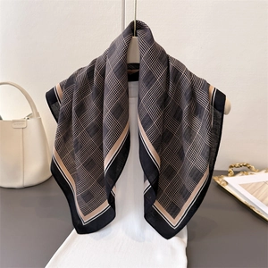 Plaid Square Scarf Elegant Polyester Satin Like Neck Head Scarf For Women French Style Retro Commute Fashion Accessory