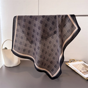 Elegant glen check cotton-linen feel square scarf with black border for women
