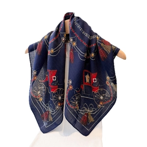 Navy blue herringbone silk-feel scarf featuring classic European horse carriage and tassel patterns