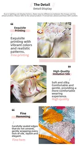 Close-up of elegant floral silk scarf showing premium printing and fine edge stitching