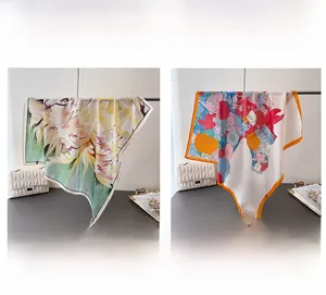 Floral print silk square scarf color display in green and orange floral patterns