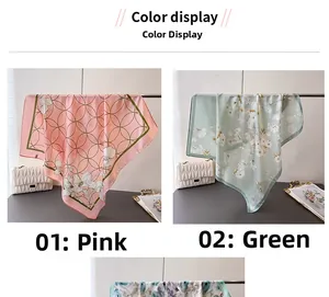 Detail view of pink geometric floral and green ditsy print silk scarves with fine edges
