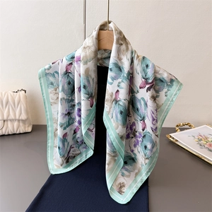 Elegant Floral Geometric Print Satin Square Scarf Soft Satin Silk Like Neck Scarf Headscarf Lightweight Shawl For Women Fashion Accessory