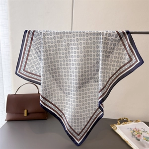 Elegant geometric print faux silk square scarf with vintage blue and white patterns