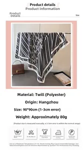 Detail of 90cm square striped silk scarf with polyester twill fabric and washing guide
