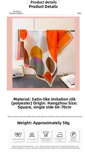 Detail view showing colorful geometric block print silk-like scarf with product specs