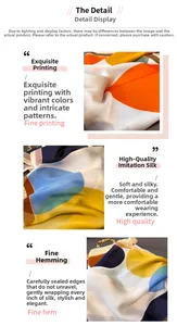 Detailed view of colorful geometric block print and neat hem stitching on silk-like scarf