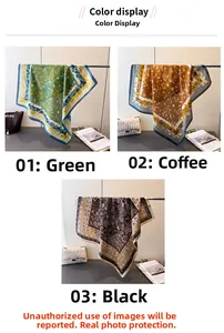 Three-color display of floral silk scarves in green, brown, and black with contrast borders