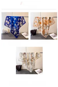 Détails des foulards en soie à fleurs en bleu, marron et kaki présentés en gros plan