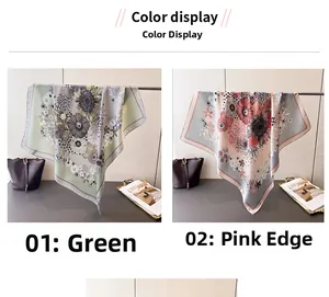 Detail view of floral print silk scarves in green sunflower and pink floral patterns