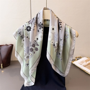 Elegant daisy print silk scarf for women in sage green and grey floral satin design