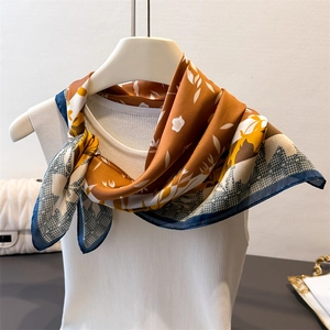 Vintage floral faux silk square scarf in caramel brown and navy blue on white outfit
