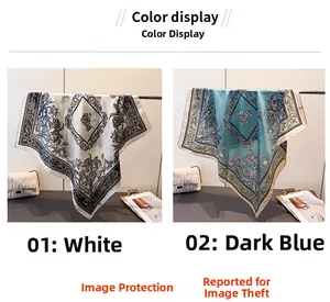 Detailed close-up of floral print silk scarves in white and elegant blue color variants