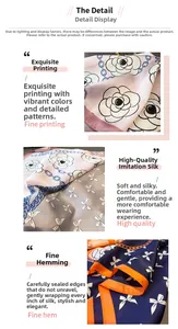 Detailed view of silk-like scarf with chain and camellia floral prints and fine stitching