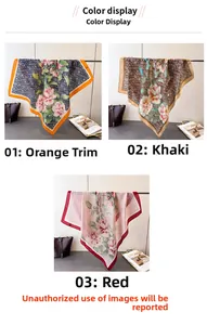 Tre eleganti foulard in finta seta con stampa di pioni in colori arancione, kaki e rosso