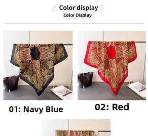 Exotic paisley print silk scarf in navy blue and red color options on display