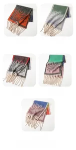 Detail view of colorful floral cashmere-like shawls with long tassel fringe edges