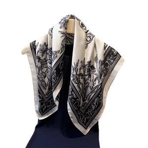 Ink floral silk satin square scarf with ivory base and vintage black flower print