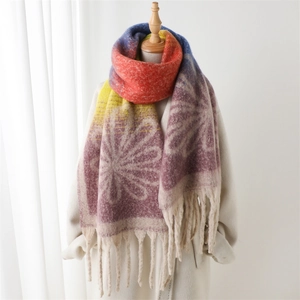 Rainbow gradient cashmere-feel shawl with large floral patterns and fringe details