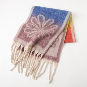 Detail of cashmere-like scarf with gradient stripes, floral pattern and soft fringe edges