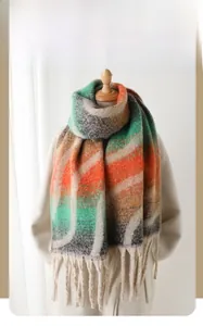 Detail of colorful rainbow plaid scarf with thick tassels on a warm autumn pashmina