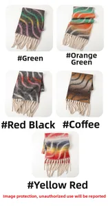 Detail view of five rainbow wavy knit scarves with tassels in various color patterns