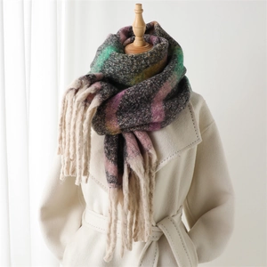 Detail of multi-color rainbow plaid cashmere scarf with long fringe on white coat