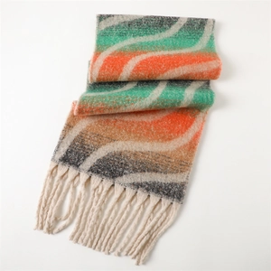 Macro detail of rainbow wave pattern winter scarf with soft fringes and woven texture
